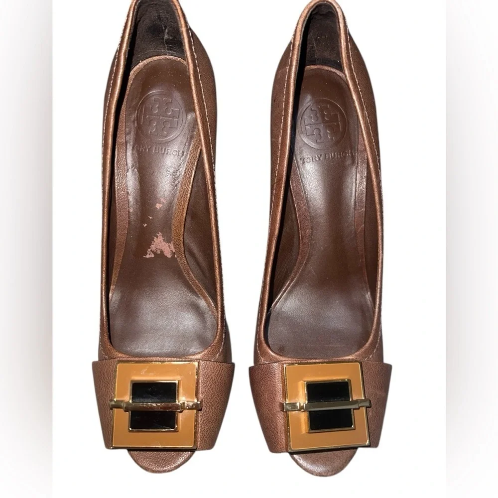 Tory Burch Quentin Landed Capra Peep Toe Leather Heels Fig Brown 8.5 Chocolate